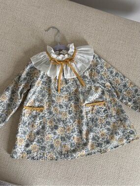 Girls Floral Smocked Dress with Ruffled Collar - Yellow & Gray